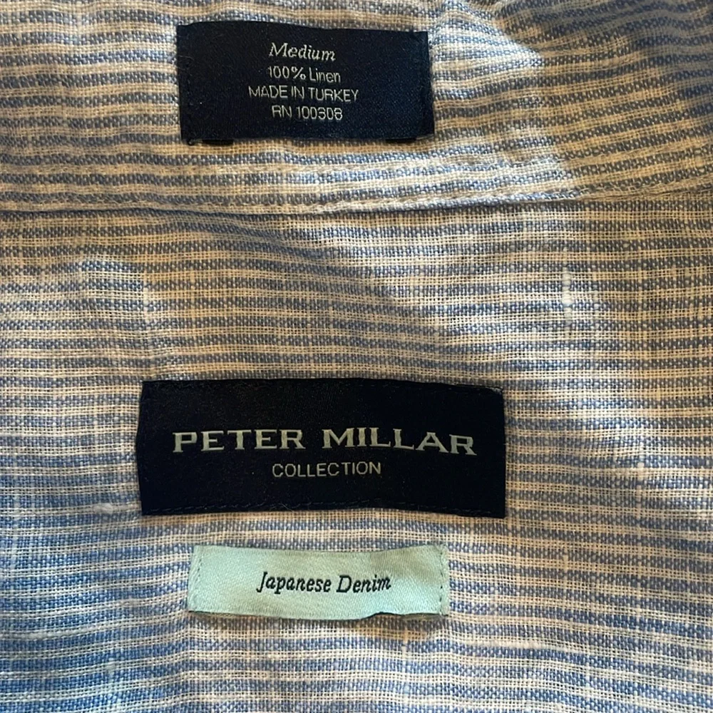 Peter Millar linen shirt, medium, blue & white stripe with subtle leaf print - Picture 3 of 8